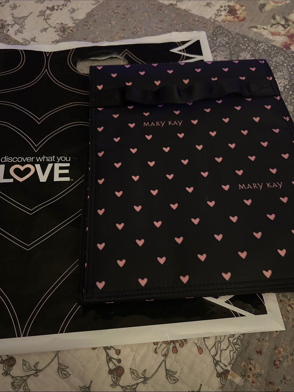 Mary Kay Black Cosmetic Tote with Pink Heart Pattern